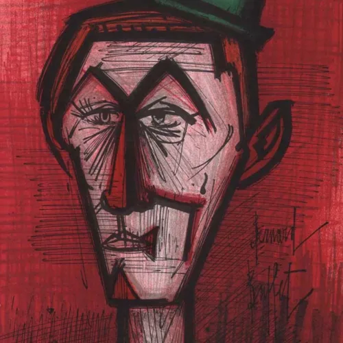 Bernard Buffet, The clown on red background, Original Lithograph, Mourlot 1967