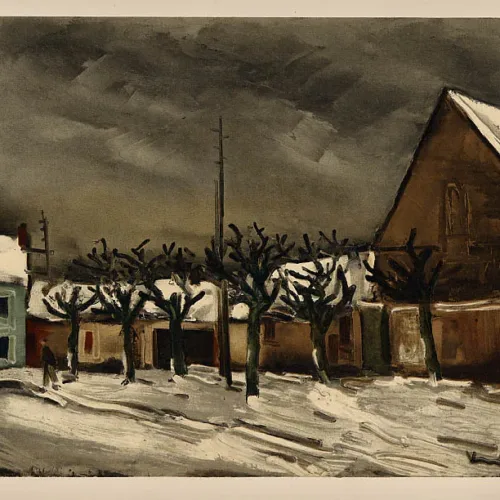 1958 Vlaminck Lithograph 33, Lime trees under snow