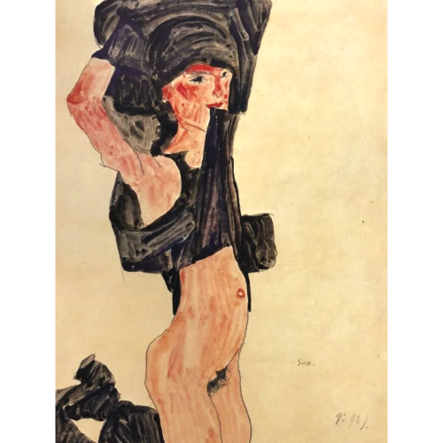 1981 Egon Schiele 6 Erotic Drawings Half Nude kneeling Girl