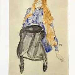 1981 Egon Schiele 14 Erotic Drawing Seated girl with blond hair