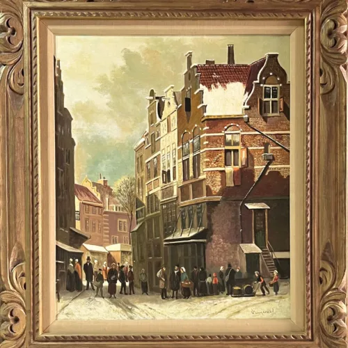 Vreugdenhil Street Scene Oil Painting carved wood framed