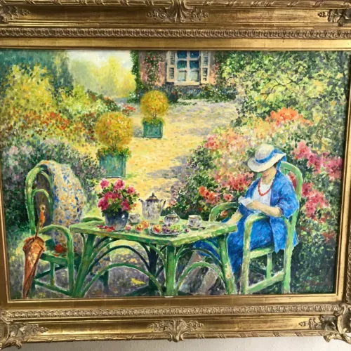 Pauwels Jos, Signed Original Oil on canvas, Lady reading in the garden, Impresionism