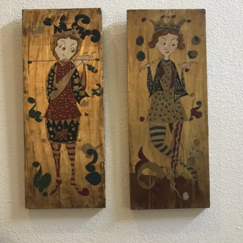 Pair of Signed Folk Art, Sculptural Wall Objects