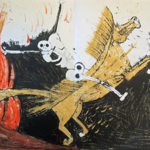 Artist: Rufino Tamayo Country: Mexico Title: Apocalypse of Saint John – 15d Medium: Original Lithograph Marks: Not signed not numbered Paper: Velin form Rives size 12.70 x 19.6 inch Printed: 1959 by Lucien Detruit Provenance: Portfolio Apocalypse of Saint John Ltd Edition 197 / 270 Condition: Very Good Certificate of Authenticity is included. Rufino Tamayo Original Lithograph No.15d  Apocalypse of Saint John 1959. Tamayo was a Mexican Artist his paintings figurative abstraction with surrealist influences.